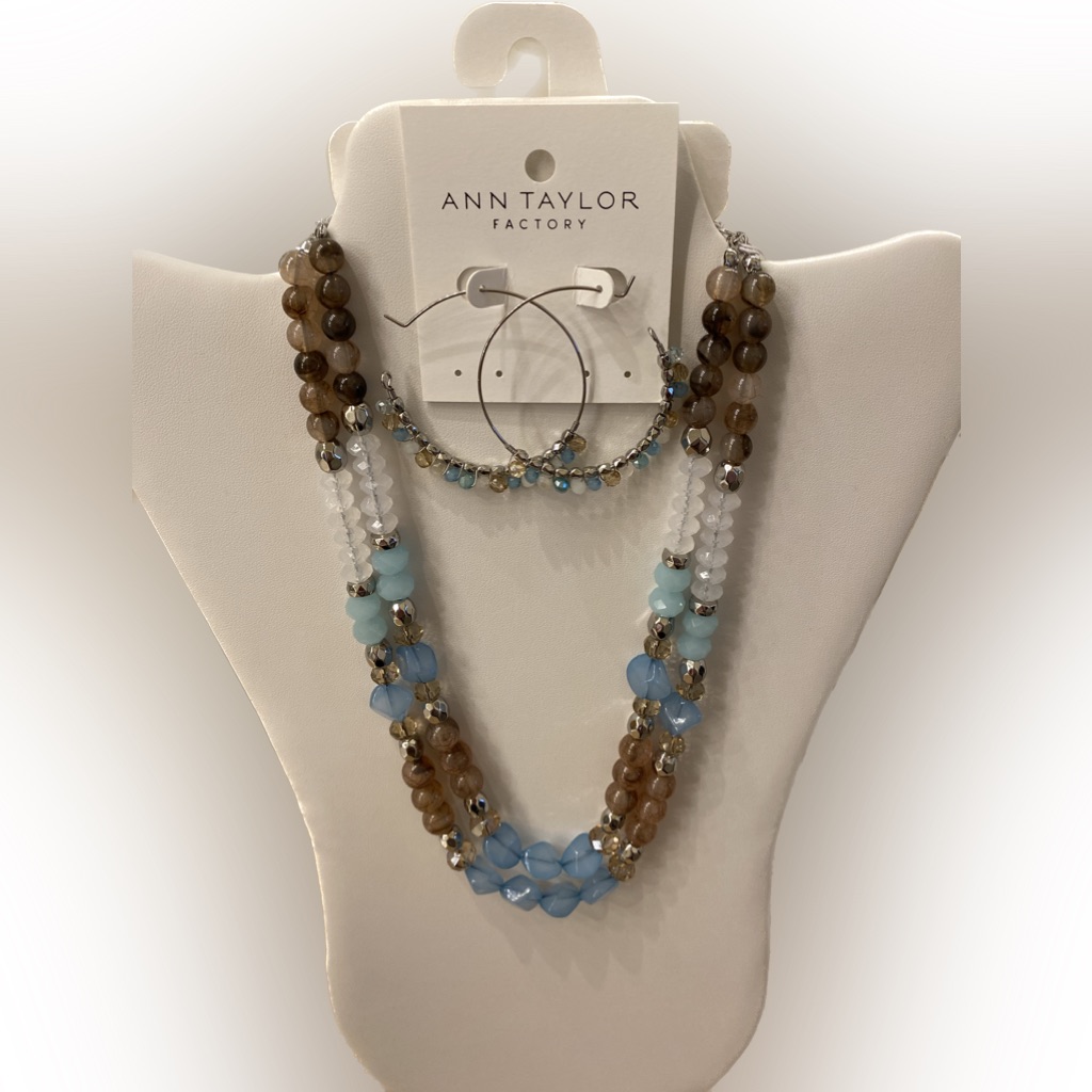 Ann Taylor Factory Beaded Necklace And Earrings In Blue Brown And White 20$